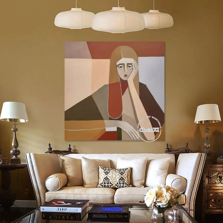 Hotel Decor Luxury Canvas Wall Poster, Classical Vintage Lady Portrait Picture Oil Painting, Pure Handmade Abstract Portrait Art